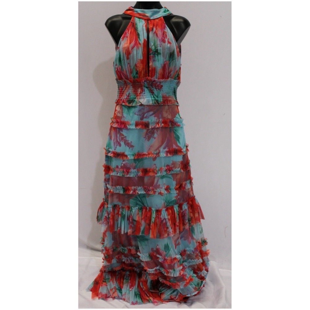 Karen Millen Women's Floral Tulle Woven Halter Neck Maxi Dress Red UK: 10/US: 6